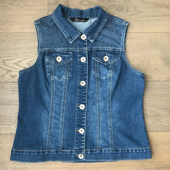 Baccini Button Down Denim Med Wash Jean Vest w Beaded Yoke Blue Sz M - no tags - Picture 10 of 10